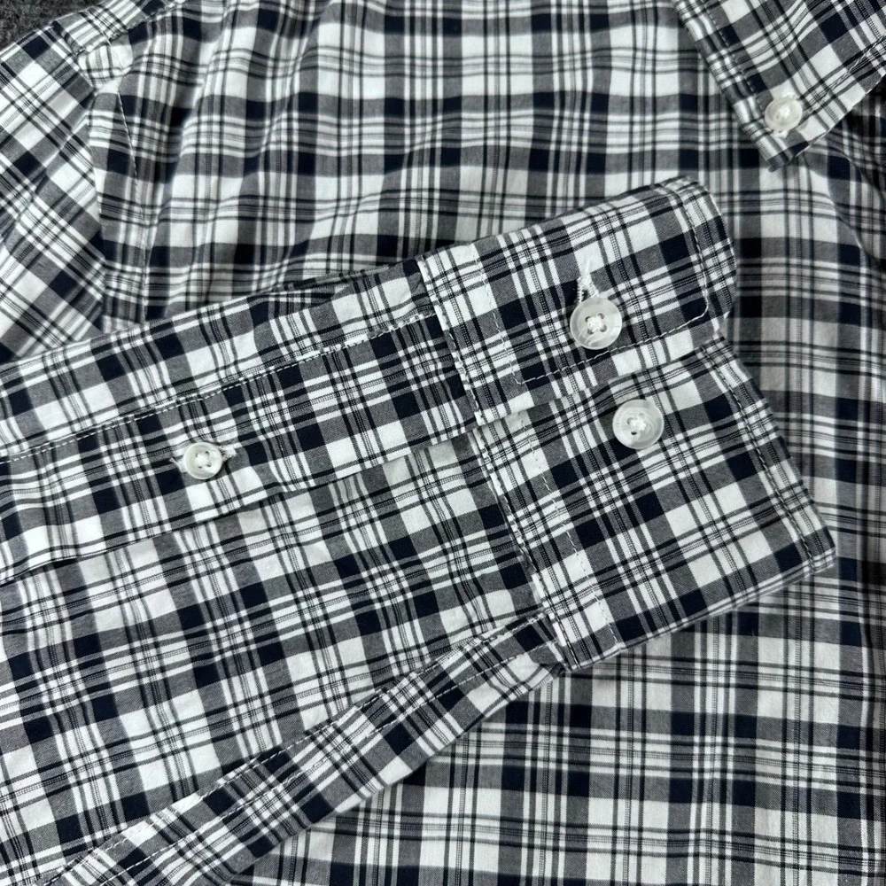 Banana Republic Button Down Shirt Mens L Large Navy White Plaid Untucked Fit